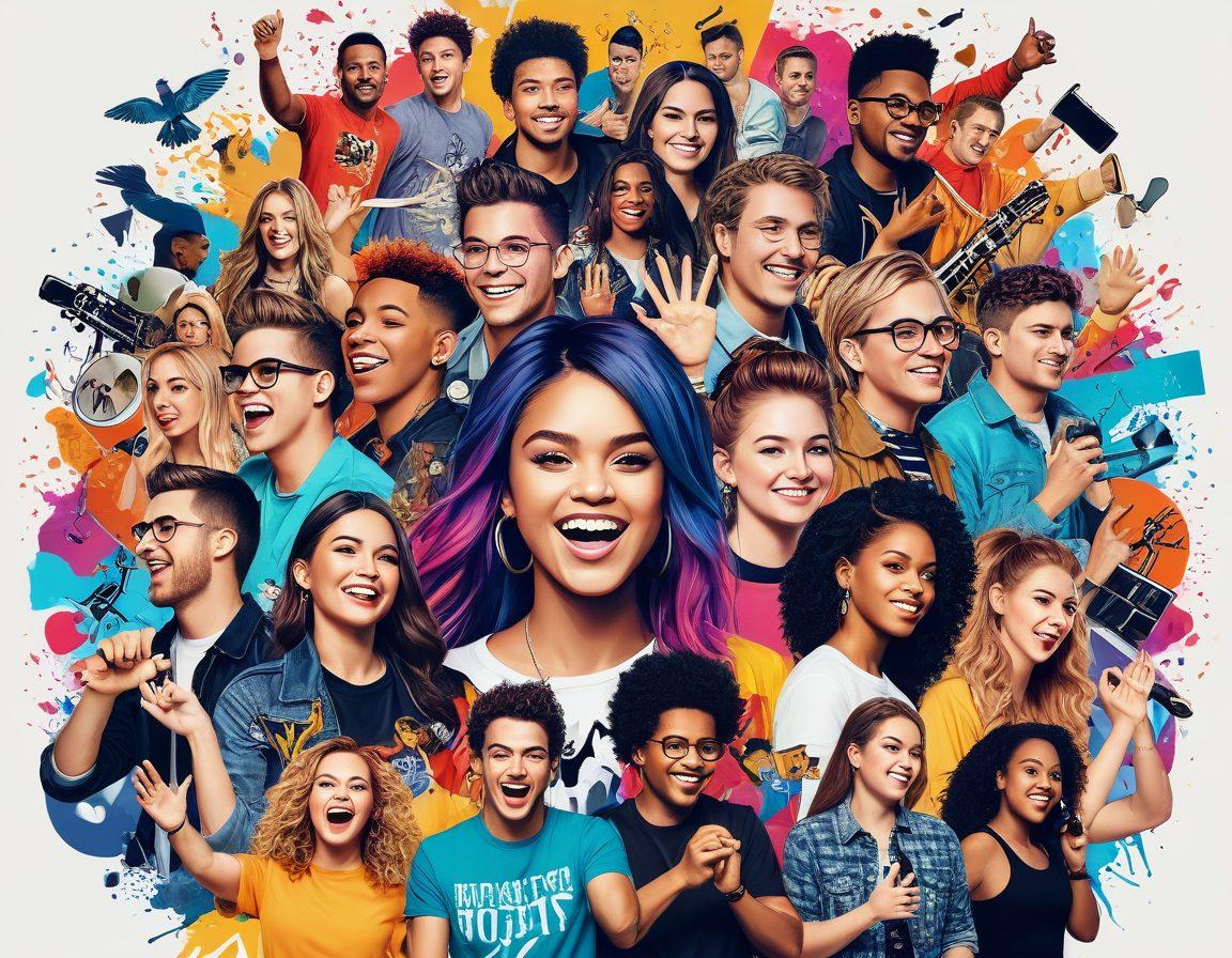 A dynamic collage featuring diverse fan platforms like social media icons, fan art, and vibrant concert scenes, showcasing passionate fans celebrating their favorite pop culture icons. Incorporate elements like musical notes, emojis, and trending hashtags to emphasize connection and engagement. Use a colorful, energetic background that radiates excitement and inclusivity. super-realistic. vibrant colors. 3D.