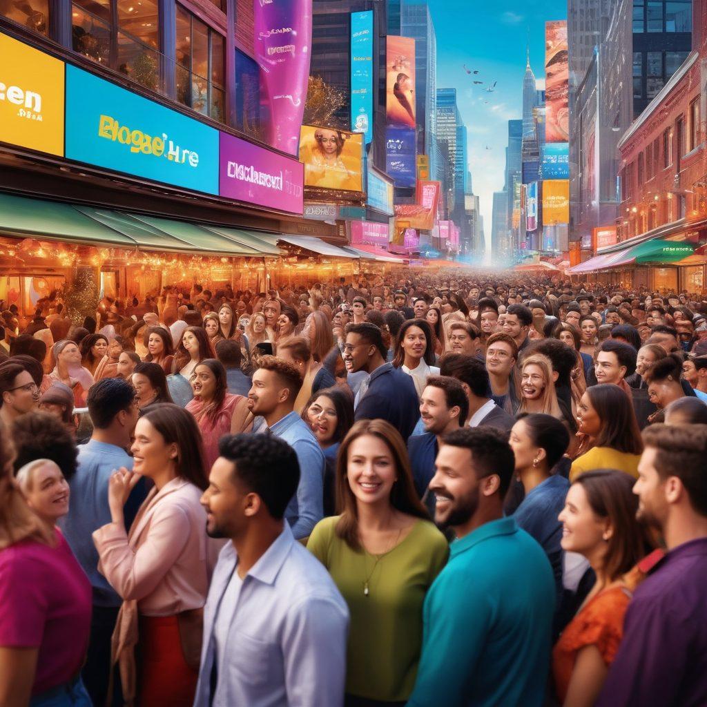 A dynamic scene depicting a diverse group of people passionately interacting at a social event, with banners and digital displays showcasing celebrities. Various age groups and ethnicities are represented, emphasizing community and enthusiasm. Bright, engaging colors highlight the energy of the moment, with a backdrop of a lively cityscape. Include elements of social media icons and hashtags to suggest a digital connection. vibrant colors. super-realistic.