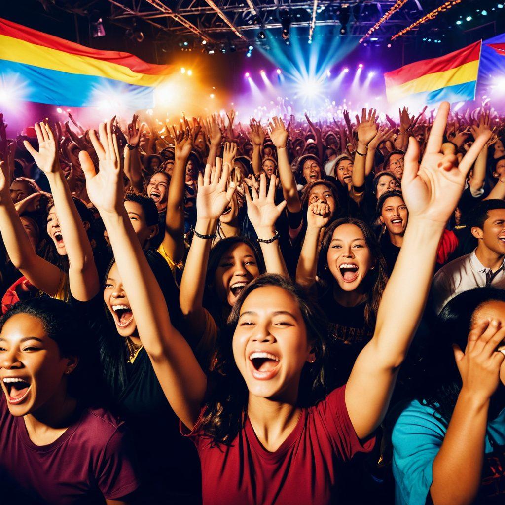 A vibrant, dynamic scene of enthusiastic fans gathered at a concert, waving colorful banners and wearing merchandise. In the foreground, a diverse group of supporters passionately sings along, their faces glowing with joy and excitement. The background features a stage with bright lights and a silhouette of a famous celebrity. Overall, the atmosphere radiates energy and community spirit. super-realistic. vibrant colors.